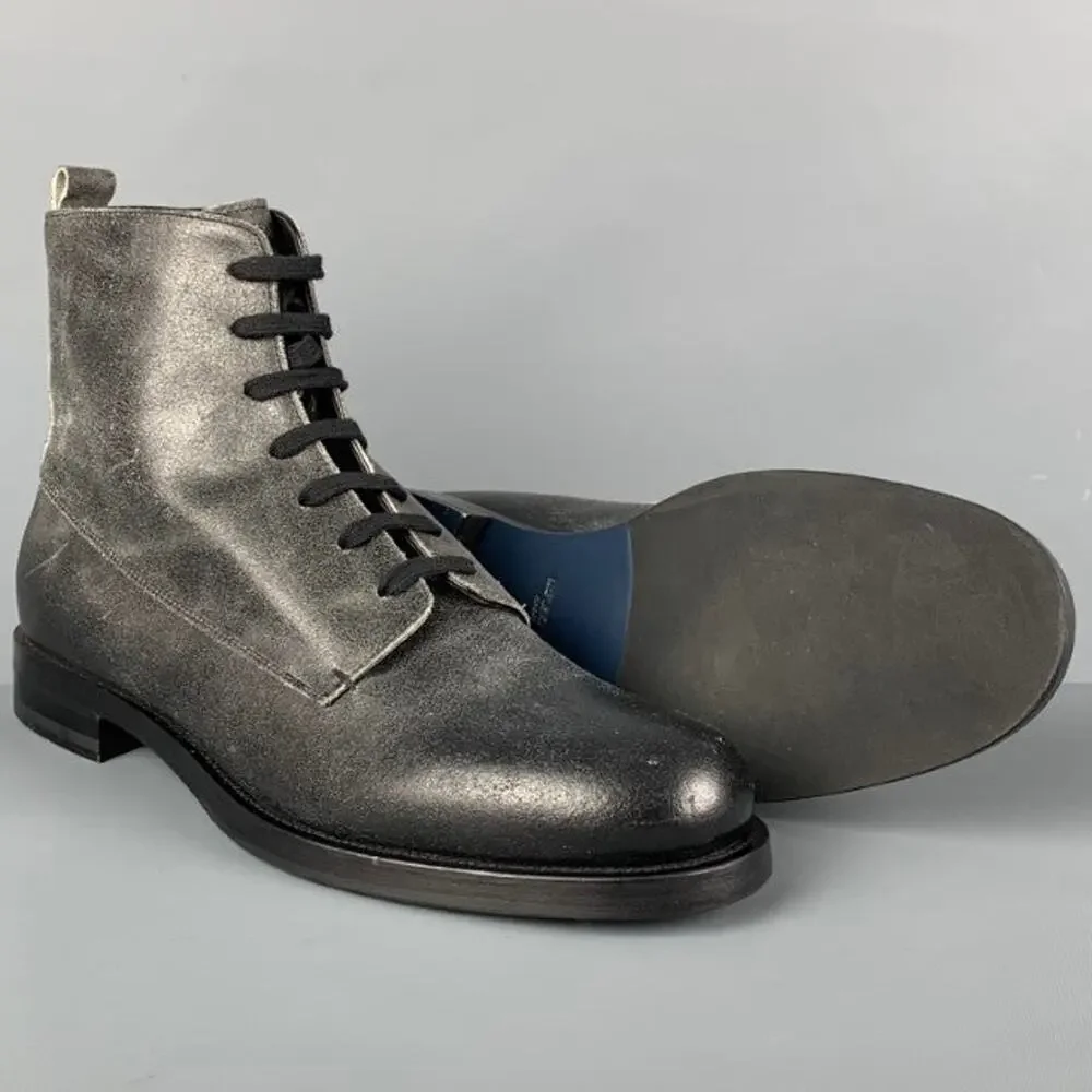 EMPORIO ARMANI Size 10 Black Distressed Leather Lace-Up Boots